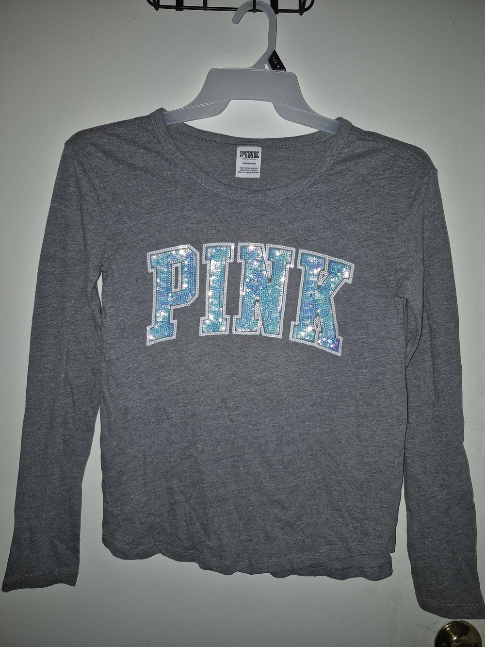 Victoria's Secret PINK Gray Long Sleeve Top with Blue Sequin Logo